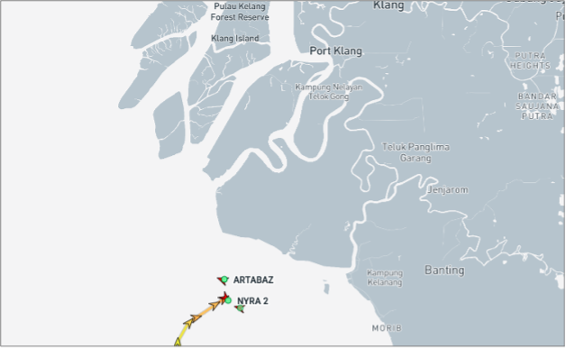 Iran-linked cargo vessels south of Port Klang on August 28 (Credit: Marine Traffic)