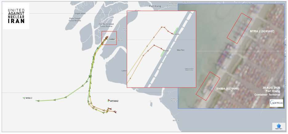 Iran-linked cargo vessels south of Port Klang on August 30 (Credit: Marine Traffic & ESA Copernicus)