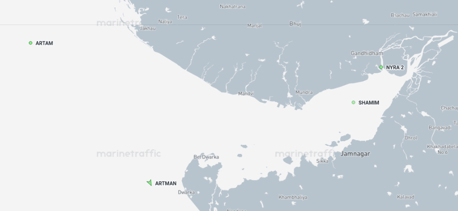 Iran-linked cargo ships near the Gulf of Kutch, India, on September 23 (Credit: Marine Traffic)