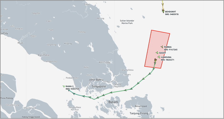 Iran-flagged cargo vessels in the Singapore Strait and EOPL on August 4 (Credit: Marine Traffic)