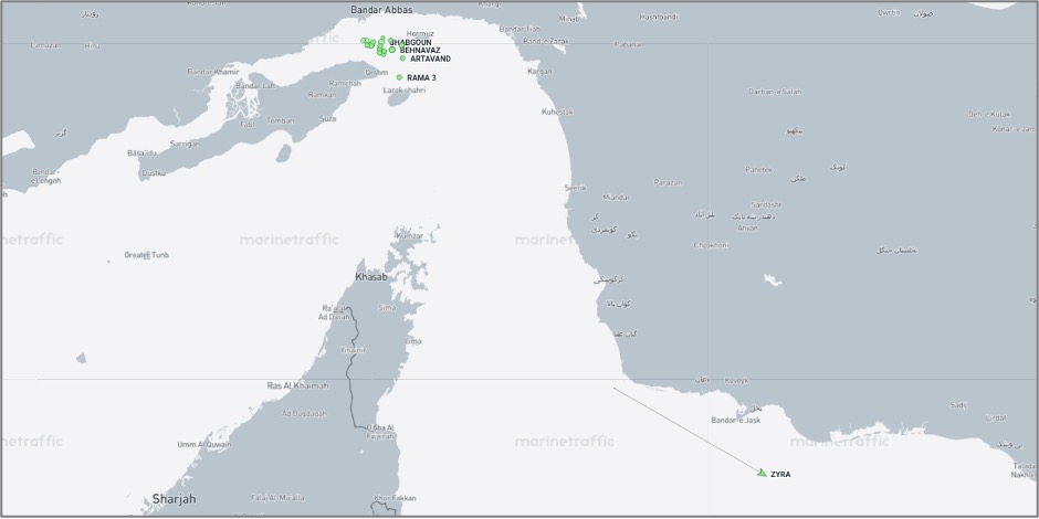 Iran-linked cargo vessel in the Gulf of Oman on October 13 (Credit: Marine Traffic)