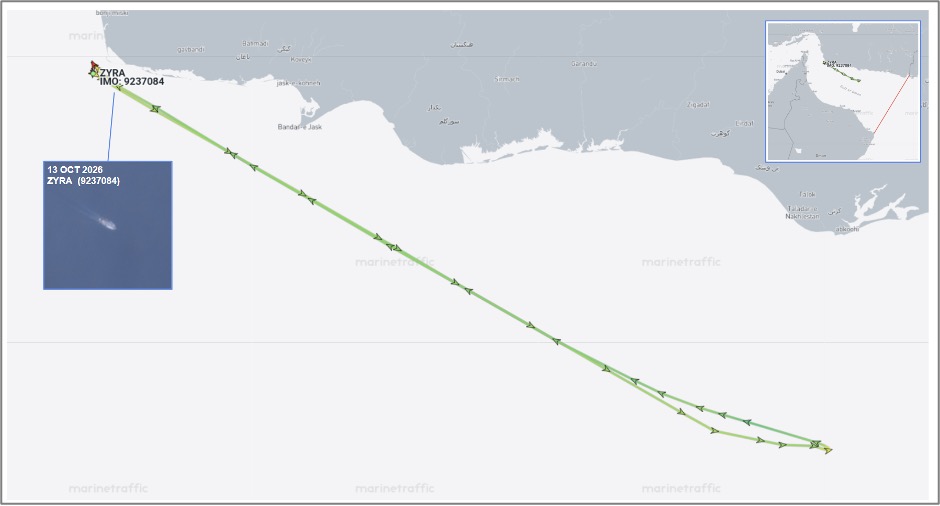 Iran-linked cargo vessel in the Gulf of Oman on October 14 (Credit: Marine Traffic & ESA Copernicus)