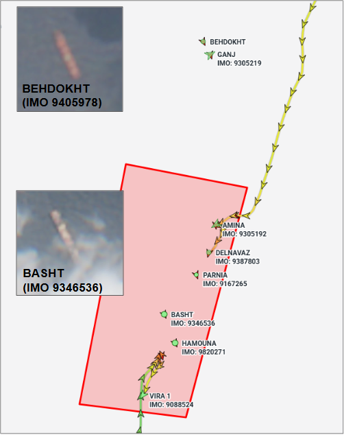 Iran-flagged cargo ships in the Malaysian EOPL on August 7 (Credit: Marine Traffic & ESA Copernicus)
