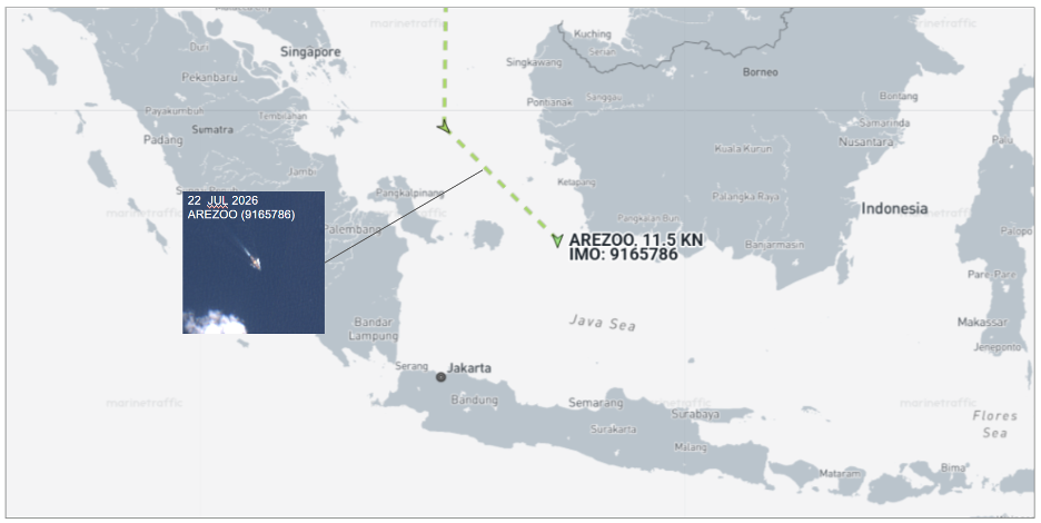 Iran-flagged vessel in the Java Sea on July 22 (Credit: Marine Traffic and ESA Copernicus)
