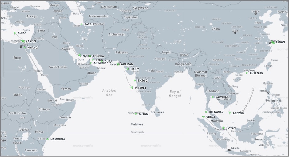 Iran-flagged cargo vessels across the region on October 21 (Credit: Marine Traffic)