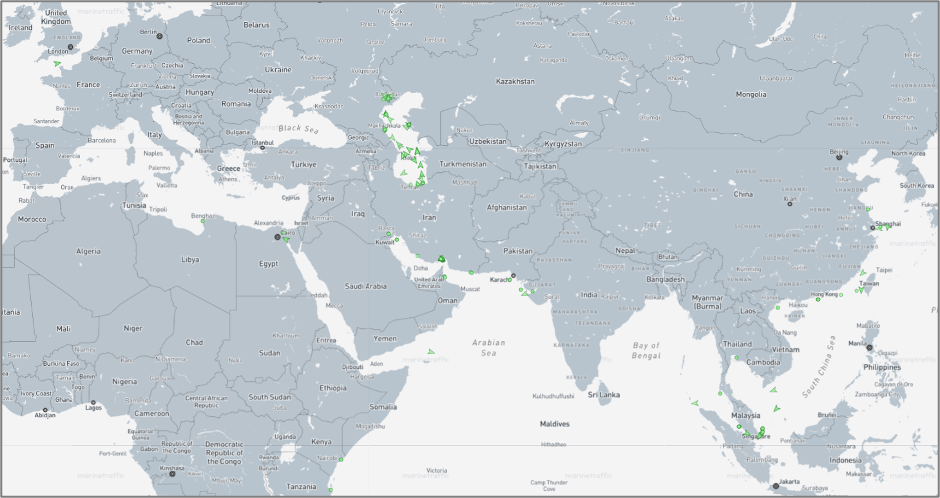 Iran-flagged cargo vessels across the region on August 14 (Credit: Marine Traffic)