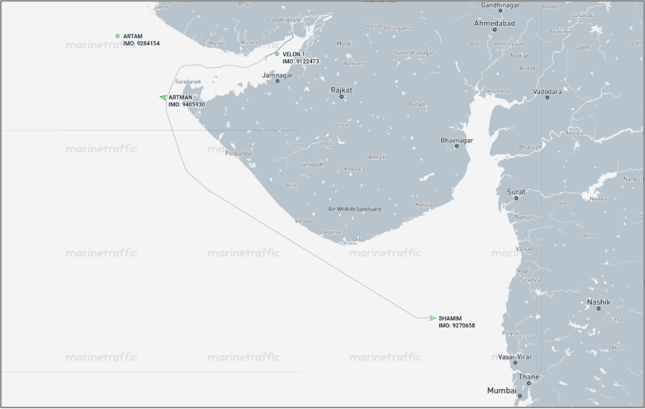 Iran-flagged cargo ships in the Gulf of Kutch and near Mumbai on August 18 (Credit: Marine Traffic)
