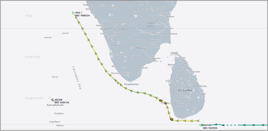 Iran-flagged cargo vessels near India and Sri Lanka on October 28 (Credit: Marine Traffic)