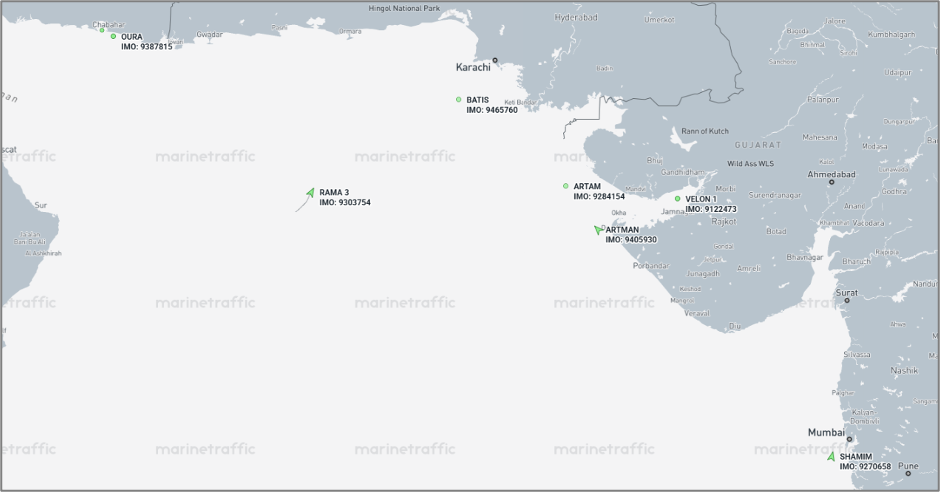 Iran-flagged cargo ships in the Gulf of Oman, Gulf of Kutch and near Mumbai on August 19 (Credit: Marine Traffic)