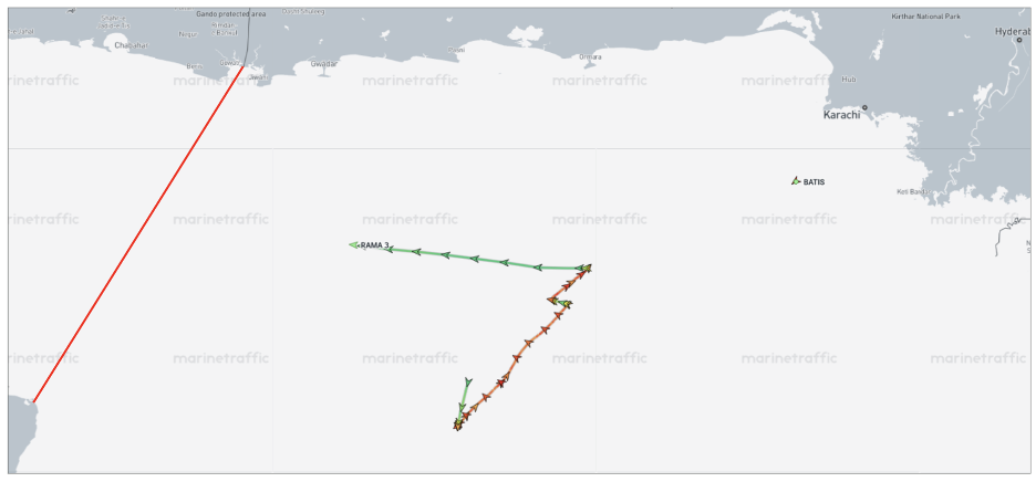 Iran-linked cargo ship RAMA 3, in the Gulf of Oman on August 21 (Credit: Marine Traffic)