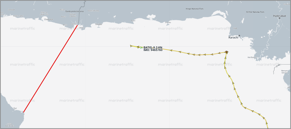 Iranian flagged cargo ship in Gulf of Oman on July 29 (Credit Marine Traffic)