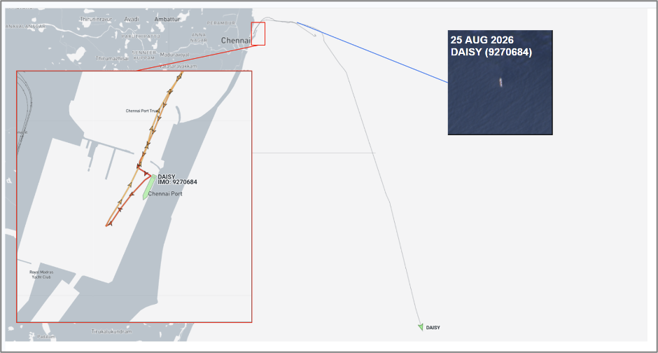 Iran-flagged cargo departed Chennai on August 26 (Credit: Marine Traffic & LANDSAT)