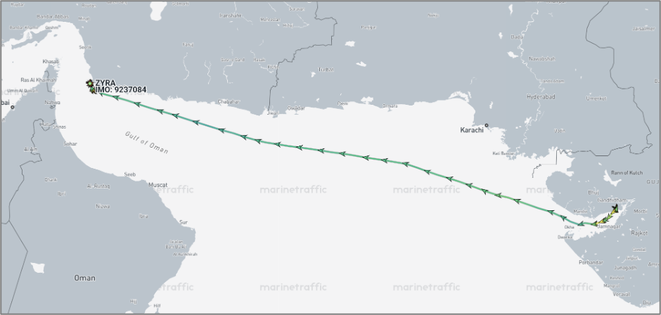Iran-flagged cargo ship crossing the Gulf of Oman on September 8 (Credit: Marine Traffic)