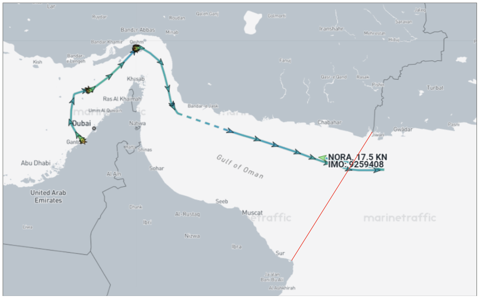 Iranian flagged cargo ship in Gulf of Oman on July 30 (Credit Marine Traffic)