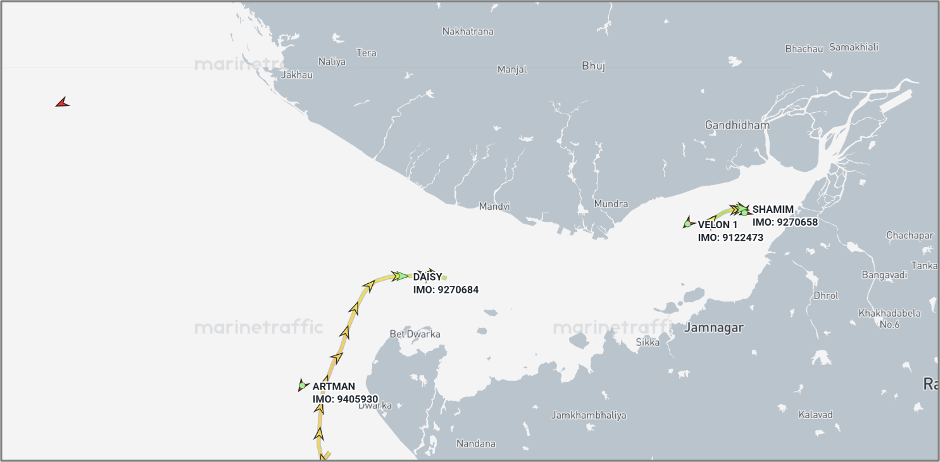 Iran-linked cargo ships near the Gulf of Kutch, India, on September 29 (Credit: Marine Traffic)