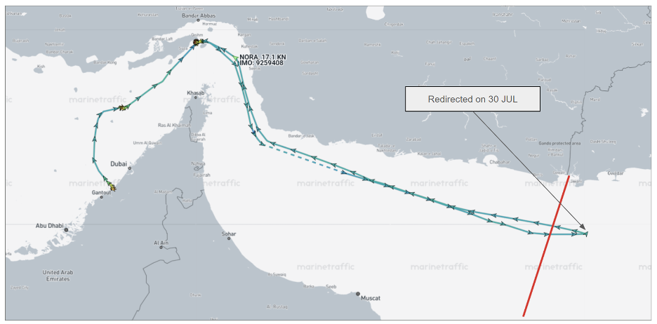 Iranian flagged cargo ship in Gulf of Oman on July 31 (Credit Marine Traffic)