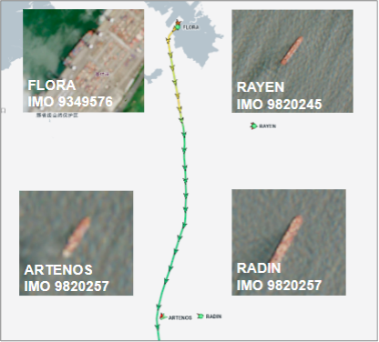 Iran-flagged cargo ships near Zhuhai on August 6 (Credit: ESA Copernicus & Marine Traffic)