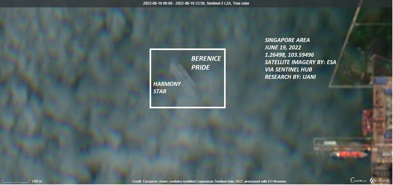 Crude oil tanker BERENICE PRIDE engaged in a STS transfer of Iranian oil with the FSO HARMONY STAR on June 19, 2022 (Source: Sentinel Hub) 