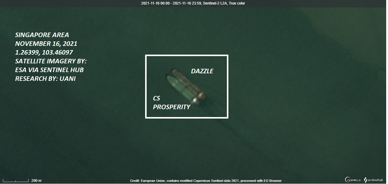 Crude oil tanker DAZZLE engaged in an STS transfer of Iranian oil with CS PROSPERITY on November 16, 2021 (Source: Sentinel Hub)