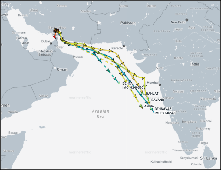 Five Iran flagged cargo ships in the western Indian Ocean on April 2