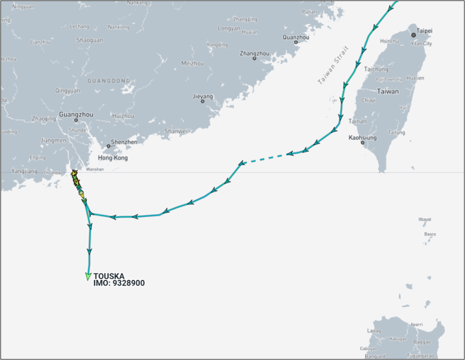 Iranian-flagged container ship departing Zuhai port on March 30