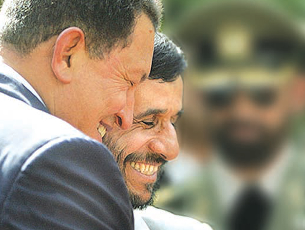 Iran's President Mahmoud Ahmadinejad is welcomed by Venezuela's President Hugo Chavez at Miraflores Palace in Caracas in 2012