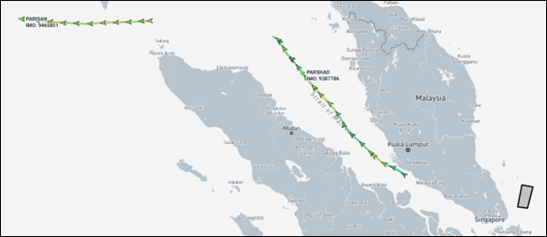 Iran flagged bulk carriers departing the Malacca Strait eastbound on April 1 (Credit: Marine Traffic)