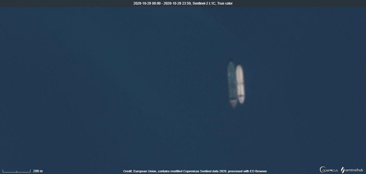 Oil/Chemical tanker in a STS with NAJAF on October 29, 2020 (Source: Sentinel Hub)