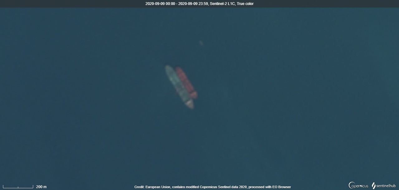 Singapore flagged Crude Oil Tanker in a STS with NAJAF on September 9, 2020 (Source: Sentinel Hub)