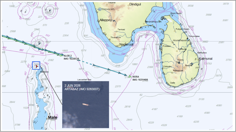 Iran-flagged container ships near the Maldives and Sri Lanka on June 4 