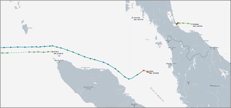 Iran-flagged container ships in the Malacca Strait on June 8 (Credit: Marine Traffic)