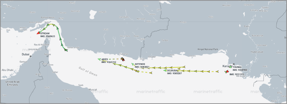 Iran-flagged ships departing Karachi, Pakistan on June 18 (Credit: Marine Traffic)