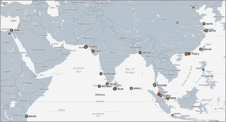 Iran-flagged vessels across the Indo-Pacific on June 12 (Credit: Marine Traffic)