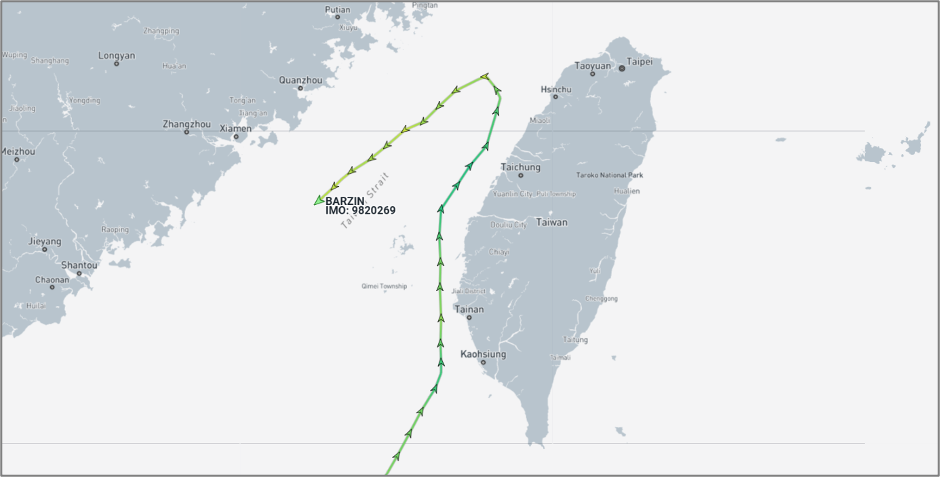 Iran-flagged container ship in the Taiwan Strait, on July 7 (Credit: Marine Traffic)