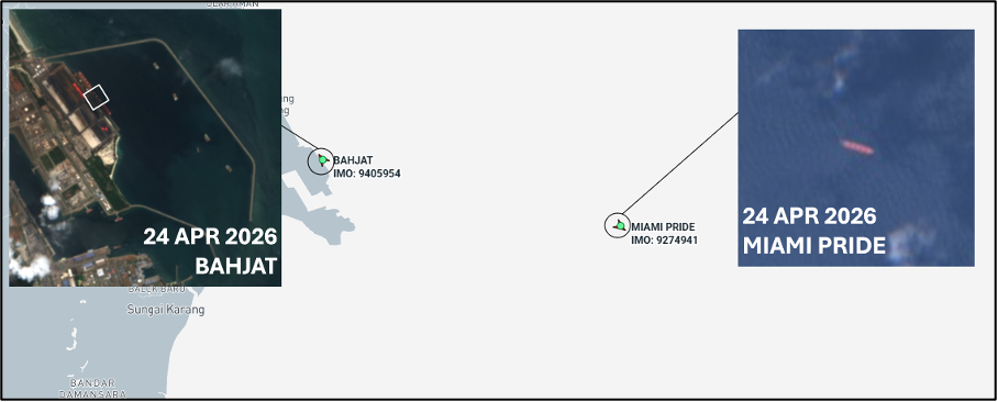 Two Iran-flagged cargo ships in Kuantan, Malaysia on April 24 (Credit: Marine Traffic & ESA Copernicus)