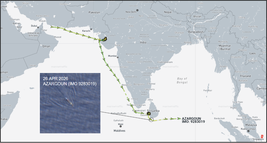 Iran flagged container ship in the Bay of Bengal, on April 28 (Credit: Marine Traffic and ESA Copernicus)