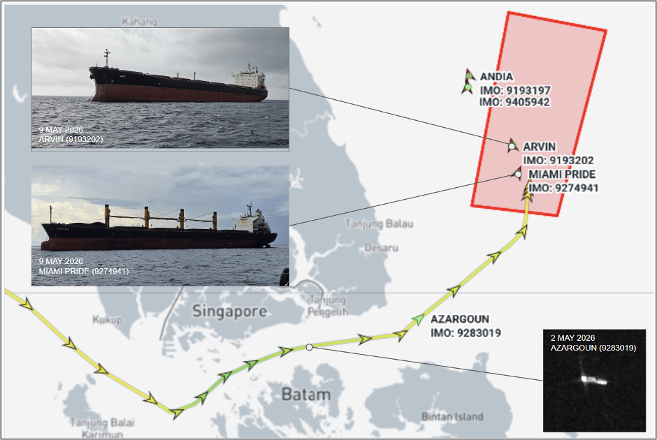 Iran flagged bulk cargo ships at Malaysian EOPL on May 12 (Credit: Marine Traffic and ESA Copernicus)