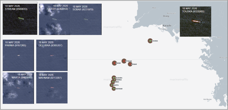 Iran flagged cargo vessels near Karachi, Pakistan on May 18 (Credit: Marine Traffic and ESA Copernicus)