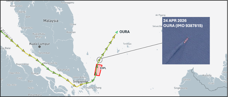 Iran flagged tanker transits past Malaysia on April 24 (Credit: Marine Traffic & ESA Copernicus)