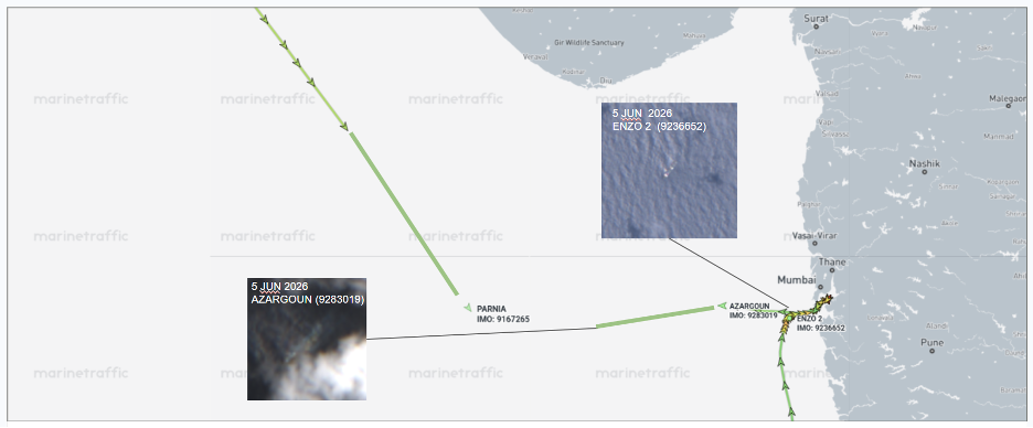 Iran-flagged container ships in Indian waters on June 5  (Credit: Marine Traffic and ESA Copernicus)