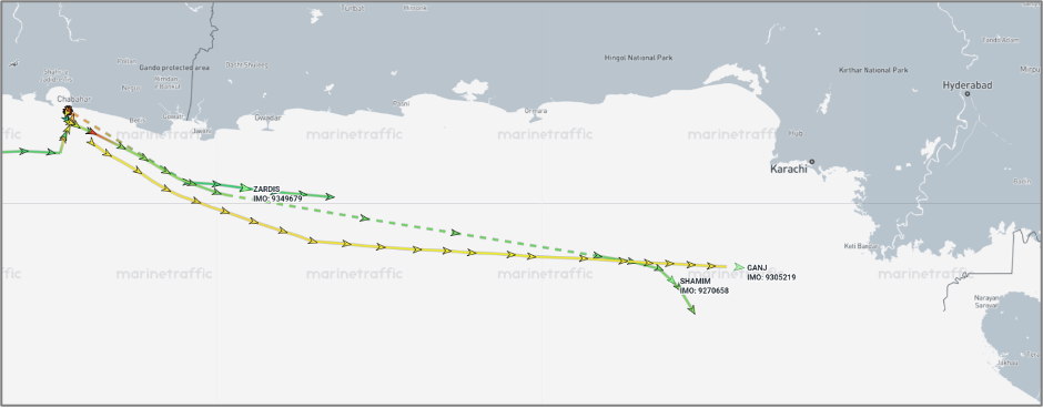 Iran-flagged cargo ships departed from Chabat, on June 18 (Credit: Marine Traffic)