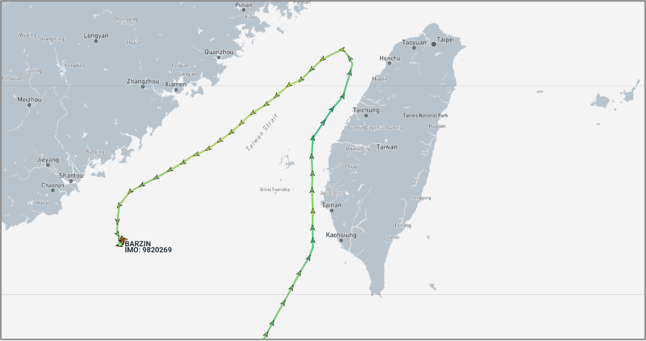 Iran-flagged container ship in the Taiwan Strait, on July 8 (Credit: Marine Traffic)