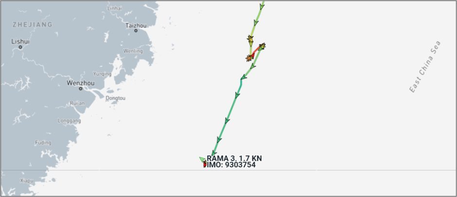 Iran-flagged vessel loitering in East China Sea on July 24 (Credit: Marine Traffic)