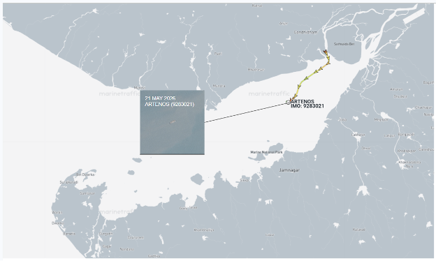 Iran flagged container ship anchored in Gulf of Kutch on May 21  (Credit: Marine Traffic and LANDSAT)