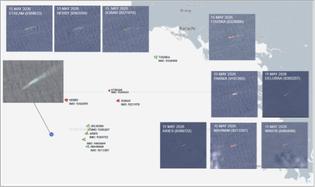 Iran flagged cargo vessels near Karachi, Pakistan on May 15  (Credit: Marine Traffic and ESA Copernicus)