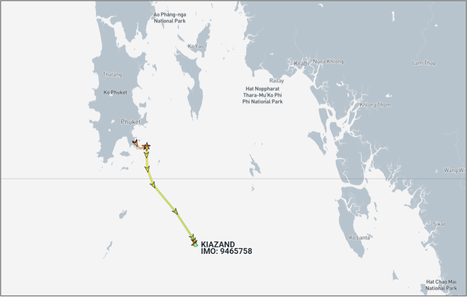 Iran-flagged cargo ship south of Phuket on May 29 (Credit: Marine Traffic)