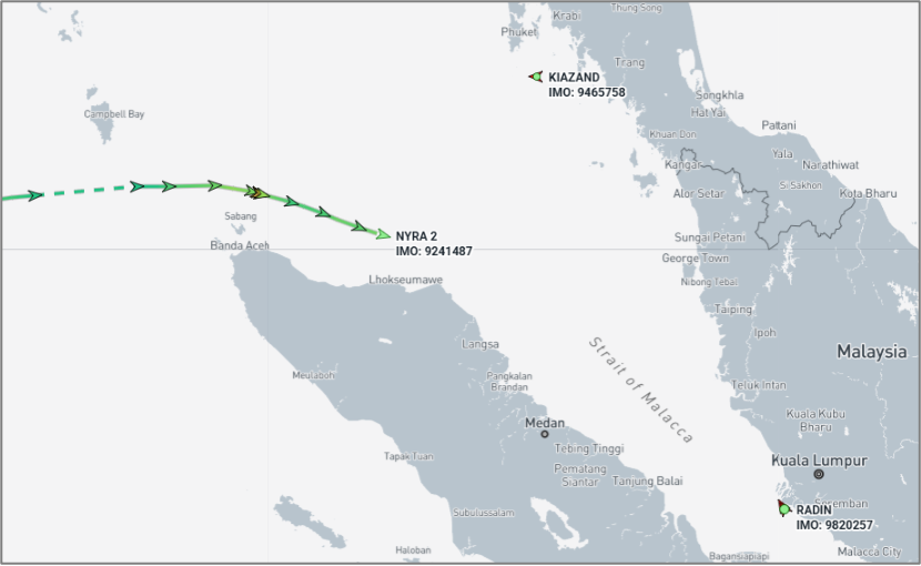 Iran-flagged cargo ships near the Malacca Strait on June 2 (Credit: Marine Traffic)