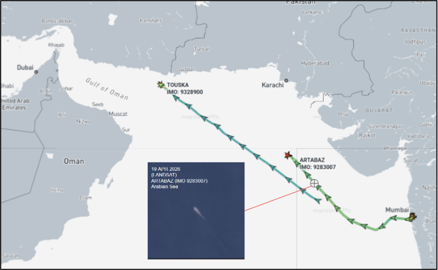 Iran flagged container ships by the Indian coastline on April 21 (Credit: Marine Traffic & ESA Copernicus)
