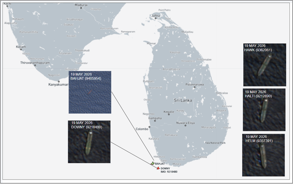 Iran flagged ships near Sri Lanka on May 19 (Credit: Marine Traffic and ESA Copernicus)