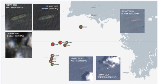Iran-flagged cargo vessels near Karachi, Pakistan on May 22 (Credit: Marine Traffic and ESA Copernicus)